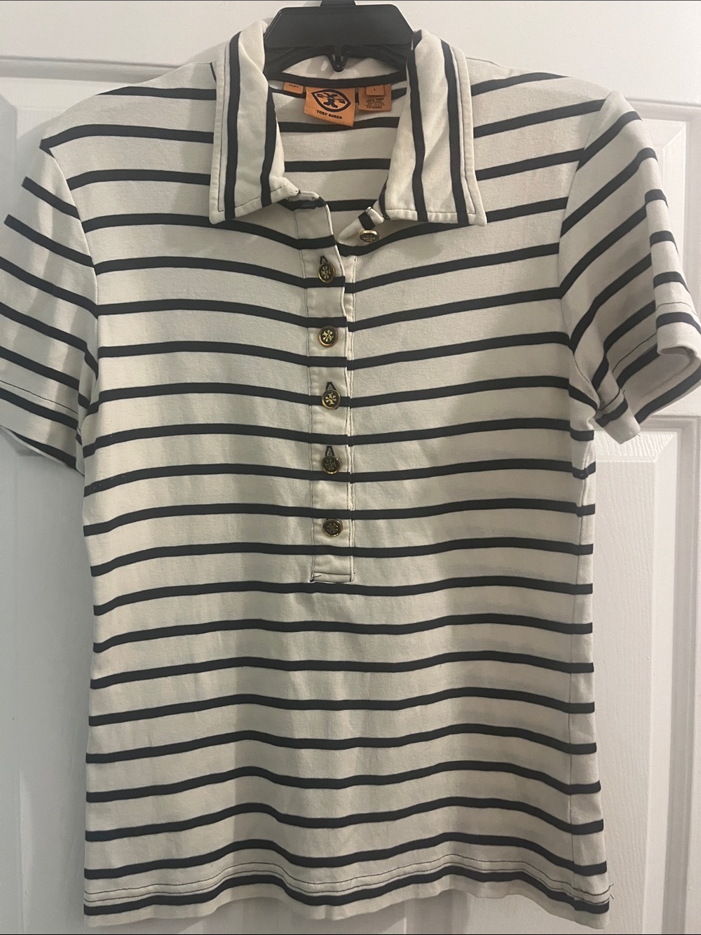 Tory Burch Women’s Striped Polo Shirt - Cream & Black